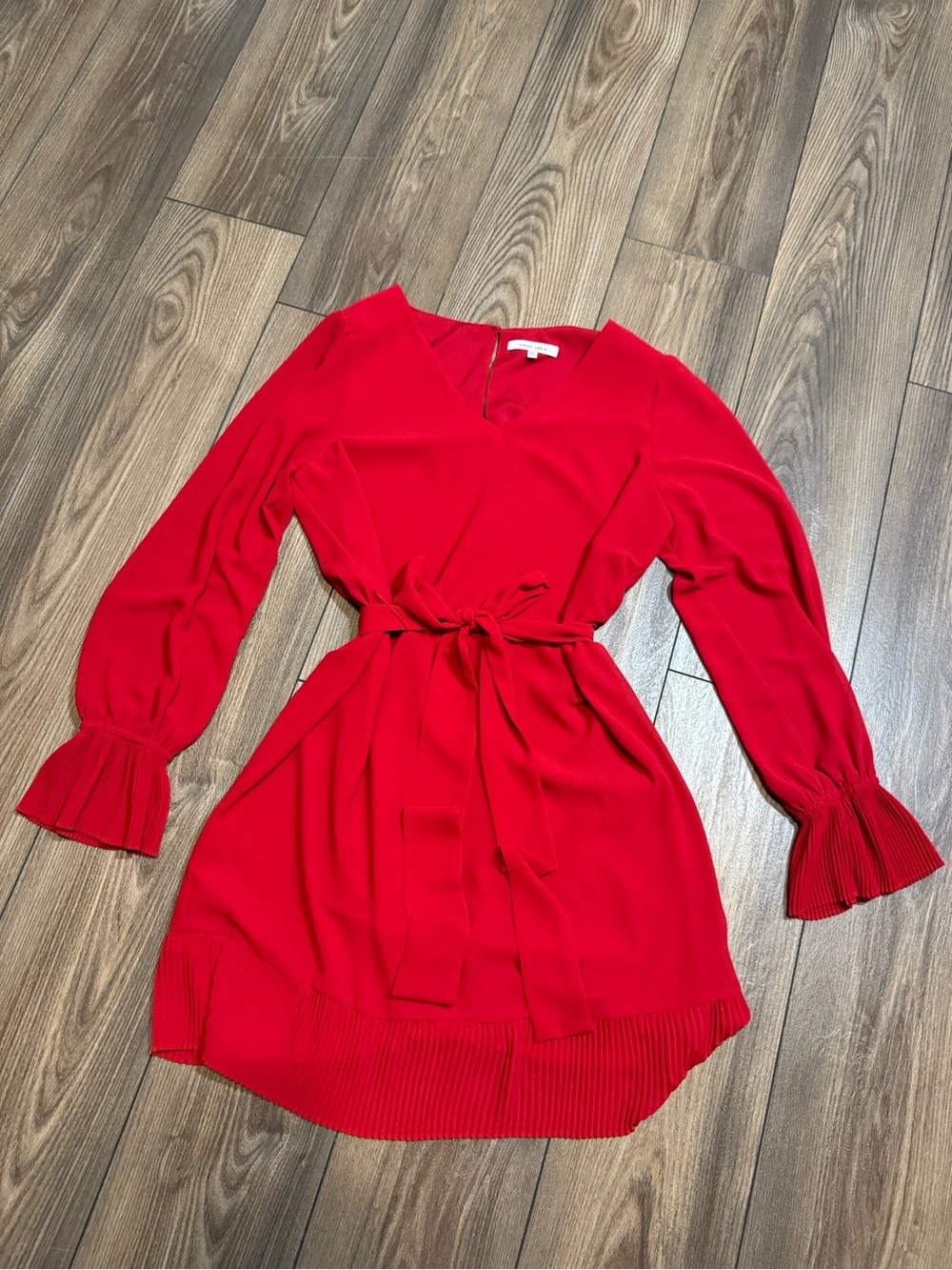 Red Long-Sleeve V-Neck Tie-Waist Dress